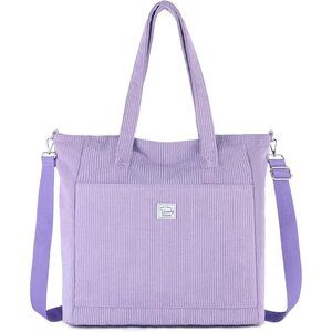 Light Purple Corduroy Tote Bag for Women, Large Capacity, Zipper Closure